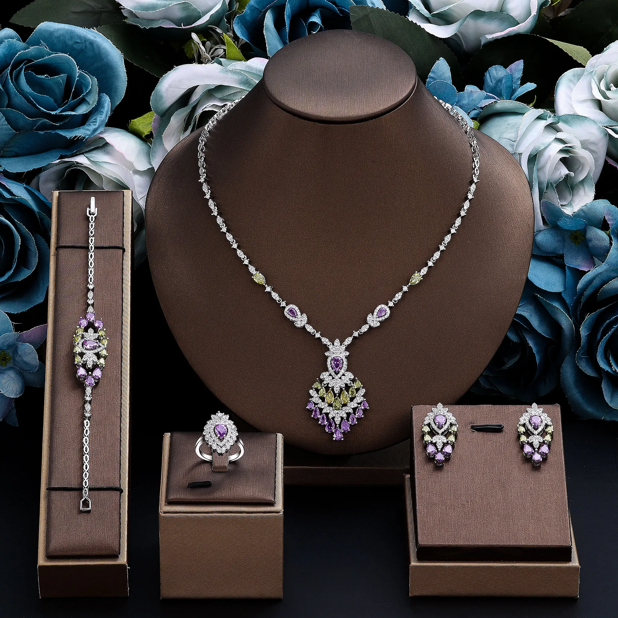 2024 Elegant Wedding Jewelry Set for Women Dubai UAE Bridal 4-piece Jewelry CZ Zircon Tassel Necklace Earrings Set - 2