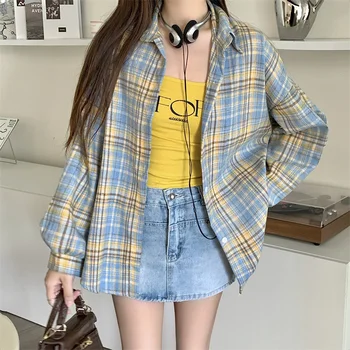 Women Tartan Shirt Long Sleeve Collared Button Up Oversized Plaid Shirt Flannel Jacket Grunge Teenage Girl Spring Summer Outfit 6