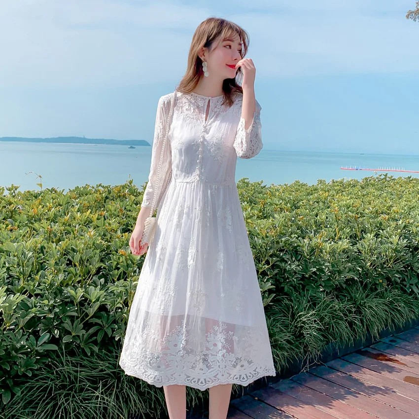 販売新品 22夏100 ヘビー桑シルクドレス女性のボヘミアンスタイルのホワイトレース刺繍ミディビーチドレス 海外ファッションブランド通販サイト Hashaliach Co Il