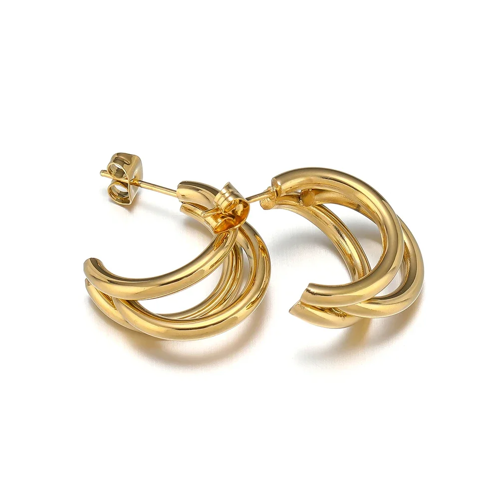 Pair Stainless Steel Gold Plated C Shape Round Earrings for - Main Image