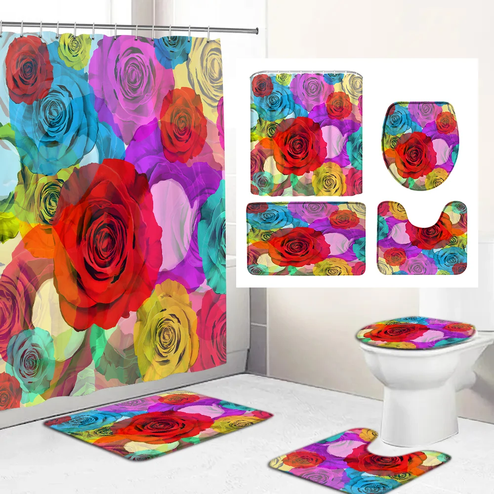

Rose Flower Waterproof Polyester Shower Curtain Valentine's Day Flowers Bathroom Curtains Set Non-Slip Bath Rug Toilet Cover Mat