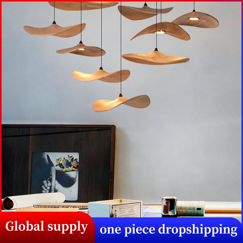 Wabi Sabi Solid Wood Pendant Lamp Villa Duplex Attic Staircase LED Indoor Lighting Restaurant Living room Chandelier 2