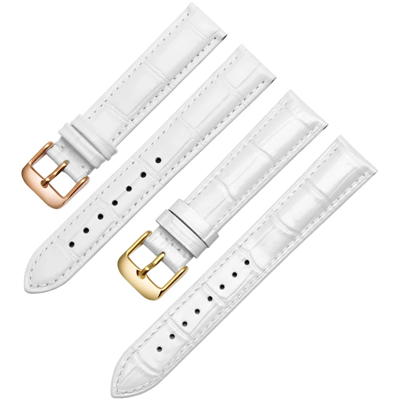 Elegant Women's Genuine Leather Watchband with Rose Gold Metal Buckle – White Strap in Multiple Sizes