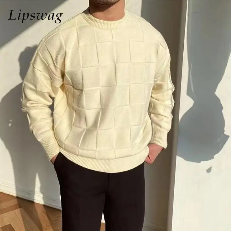 

2023 Autumn Fashion Mens Sweater Long Sleeve O Neck Jacquard Knitted Pullover Tops For Men Casual Loose Plaid Crochet Sweaters