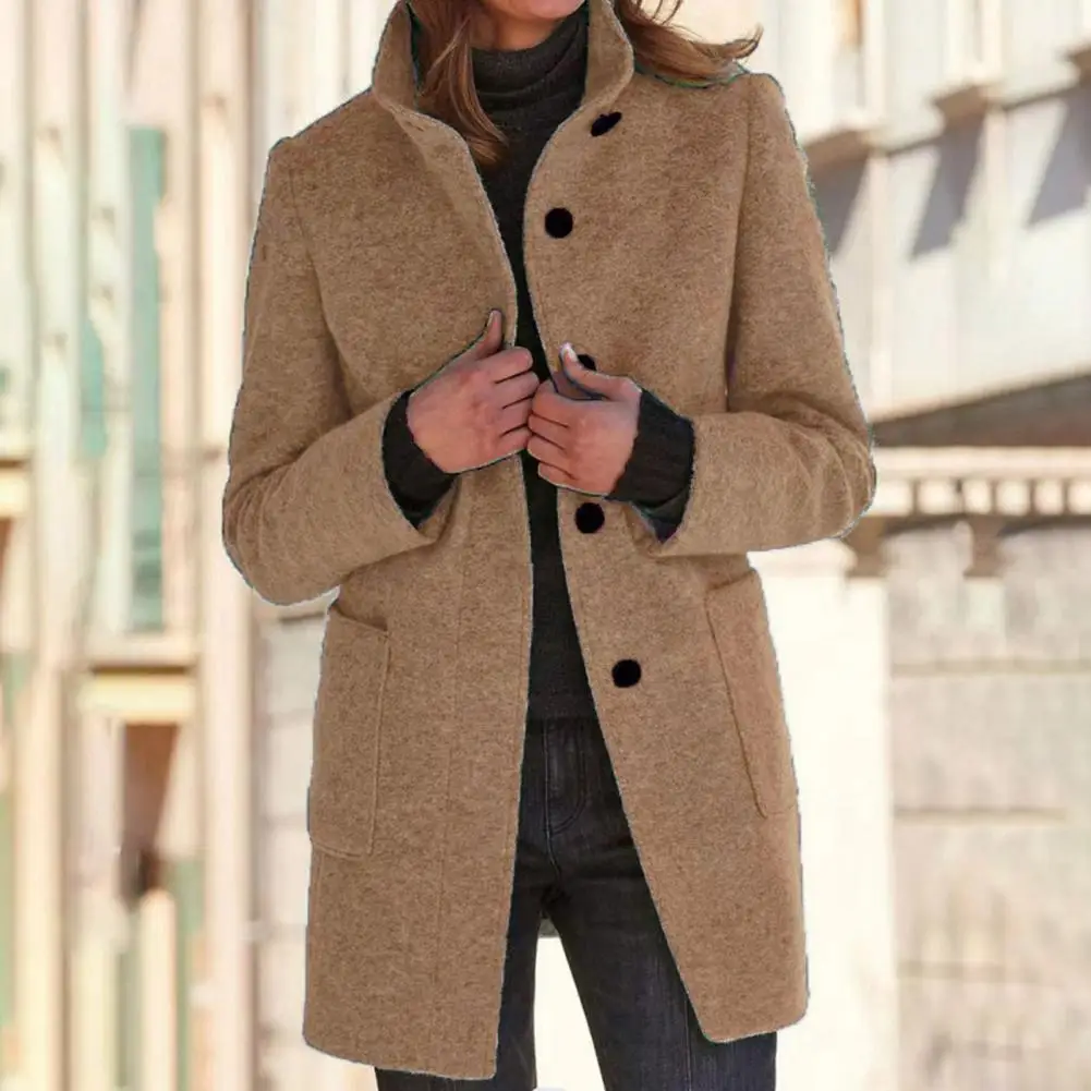 

Женское зимнее пальто, Стильное женское зимнее пальто с воротником-стойкой, теплое ветрозащитное однобортное пальто с защитой шеи для осени