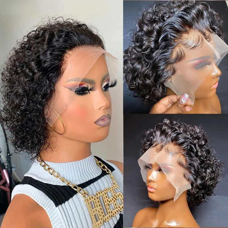 Short Curly Pixie Cut Wig Human Hair Lace Front 13x1 Transparent Lace Frontal Wig Honey Blonde Deep Water curly Human Hair