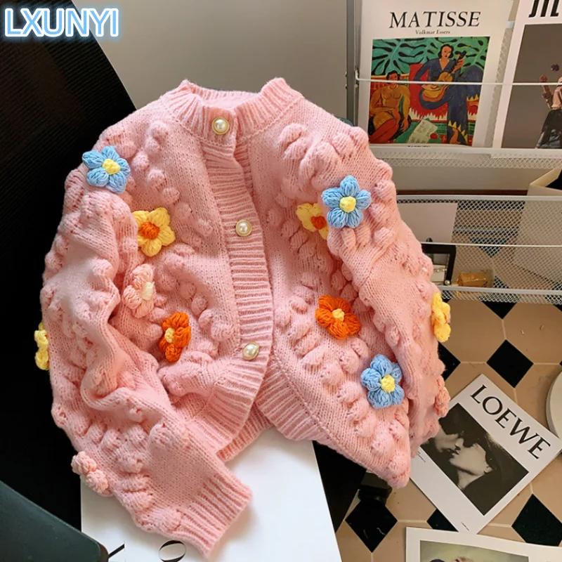 

LXUNYI 2023 Autumn New Handmade Crochet Knitted Cardigan Oversize Female Three Dimensional Flower Embroidered Sweater Women