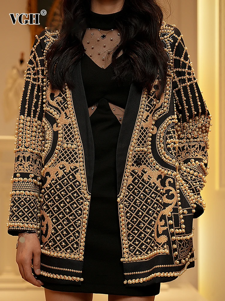 

VGH Spliced Embroidered Flares Loose Blazers For Women V Neck Long Sleeve Colorblock Vintage Blazer Female Clothing Fashion New