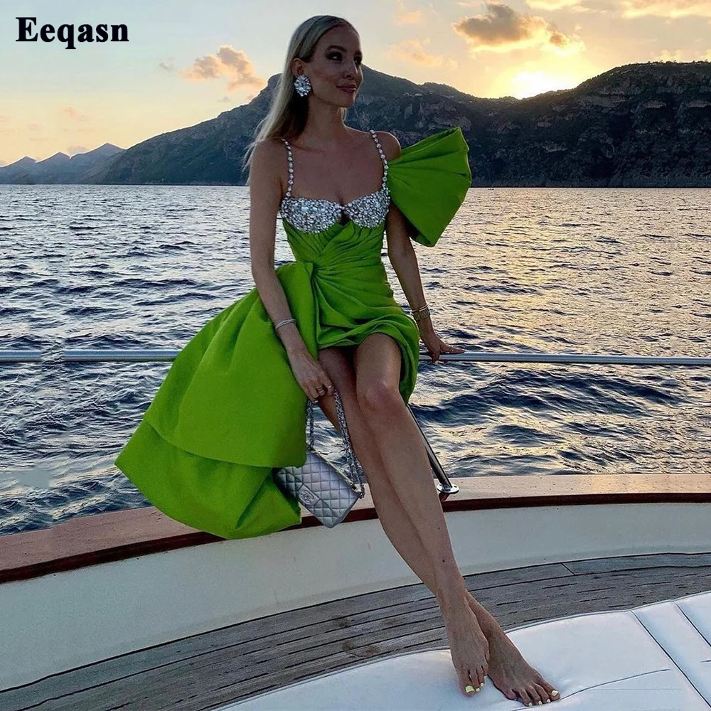 Eeqasn Green Satin Mini Formal Prom Dresses 2022 Crystal Pleats