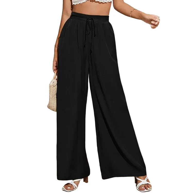 Summer New Women's High Waist Casual Pants Solid Color Elastic Waist Tie Loose Wide Leg Pants Women Ropa Mujer Juvenil Traf