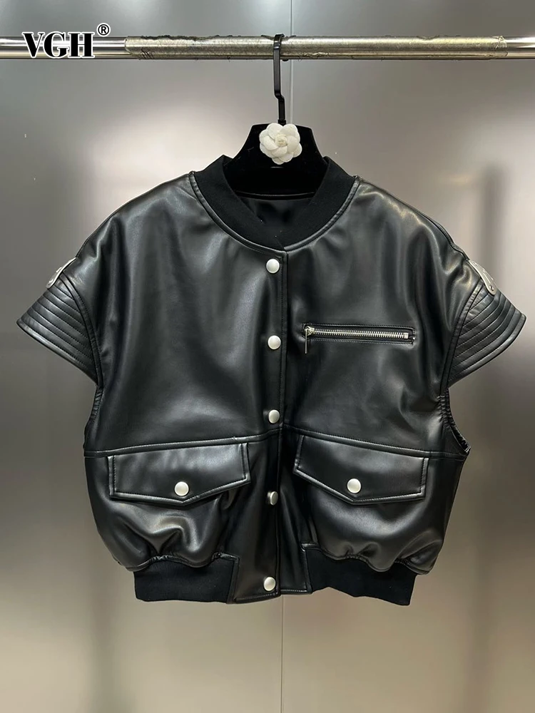 

VGH Patchwork Pockets Casual Leather Waistcoats For Women Round Neck Sleeveless Spliced Single Breasted Short Waistcoat Female
