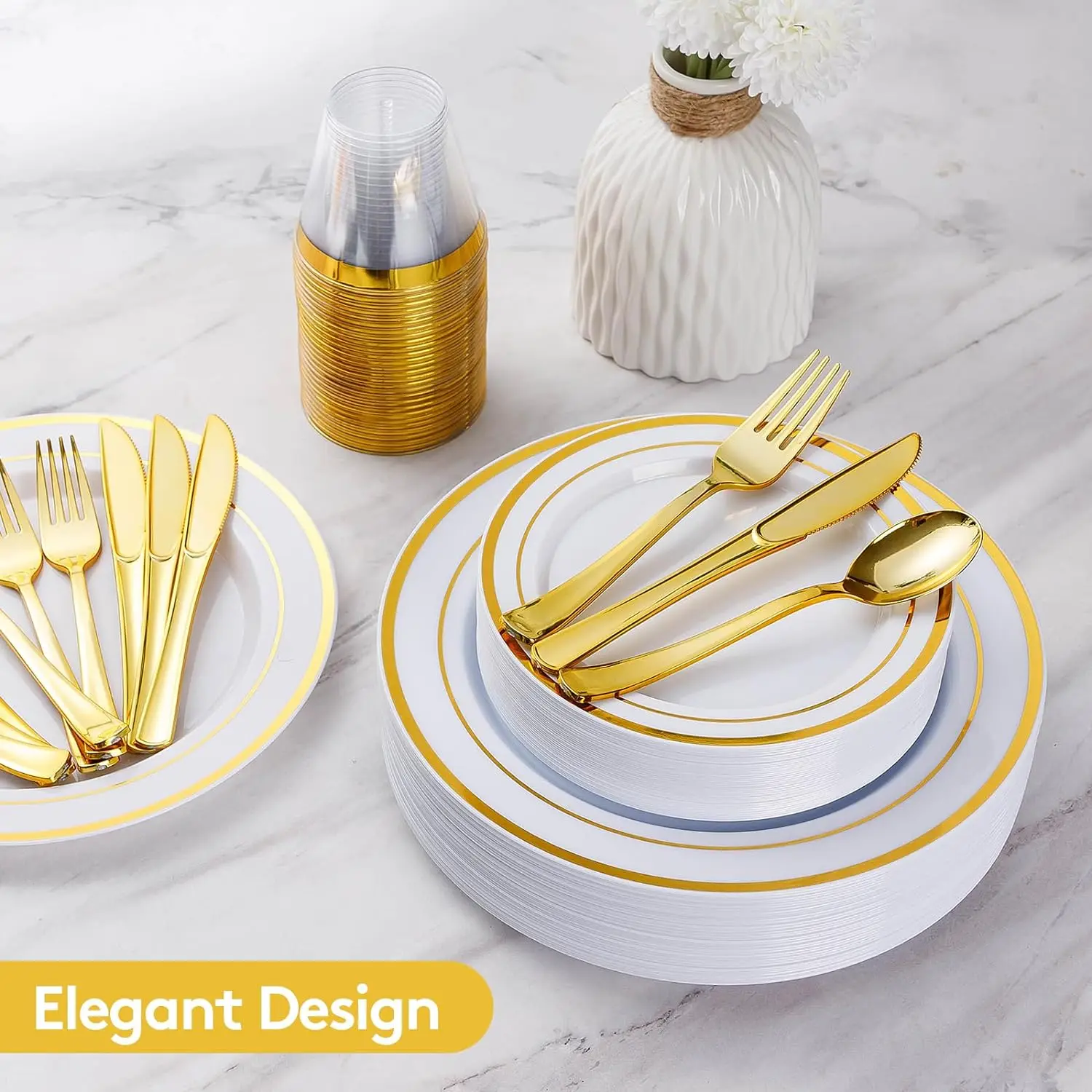 Goodluck 600 Pieces Gold Disposable Plates for 100 Guests, Plastic Plates for Party, Dinnerware Set of 100 Dinner Plates,