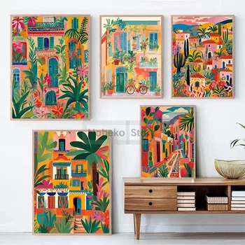 Vibrant Edificio messicano Poster Colorato Paesaggio floreale botanico Stampe su tela Arte della parete per la decorazione della stanza di casa 1
