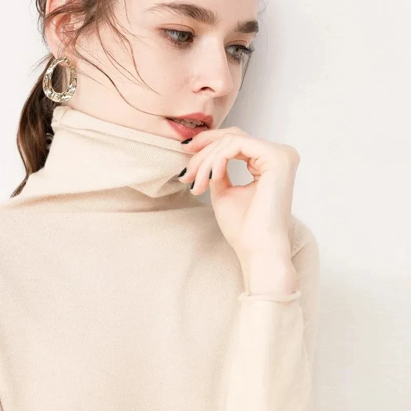 

Women Korean Stretch Sweaters Classic Slim Blue Turtleneck Knitted Bottoming Tops Female Elegant Fall Winter Knitwear Pullover