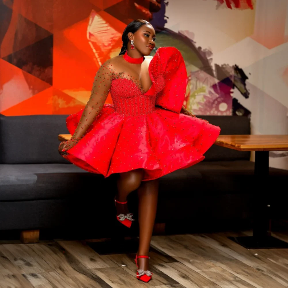 Black Girls Aso Ebi Cocktail Dresses High Neck Illusion Long Sleeves Beads Short Girls Celebrity Prom Dress Evening Gowns