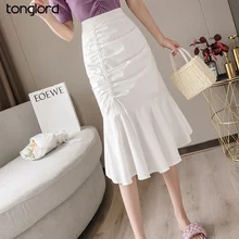 

2022 Spring Summer Women Mermaid Skirts Casual Solid Shirring Woman Mid-Calf Skirts Female Elegant Trumpet White Pleated Skirts
