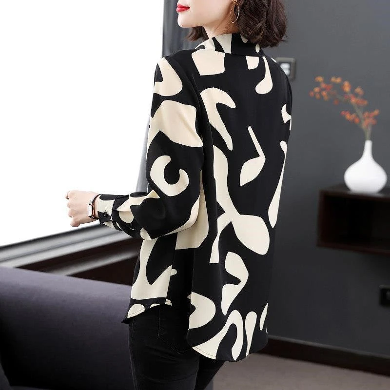 Vintage Fashion Graphic Print Lapel Single Breasted Long Sleeve Tunic Blouse Shirt Women Autumn Loose Office Ladies Tops Clothes