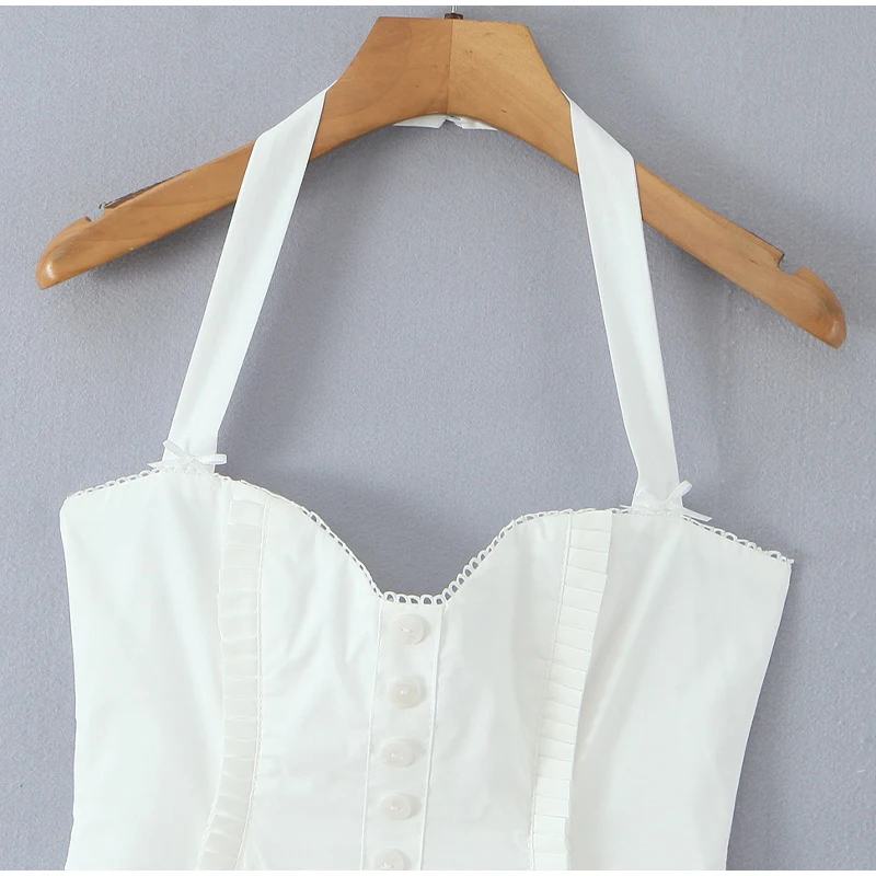 Damen Neckholder-Minikleid mit Knopfleiste, Taschen und Plissee-Saum, Figurbetonte Kleider 2026, Frühling Sommer Strand Urlaub Vestidos – Detail 3