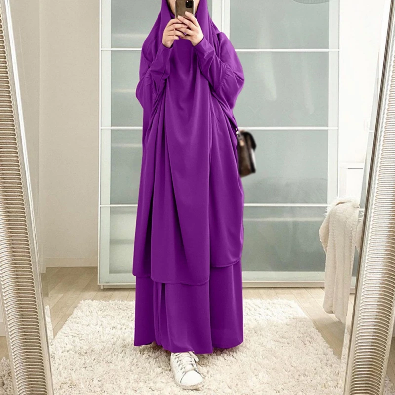 Muslim Sets One Pieces Prayer Clothing Long Hooded Smocking Sleeve Shirts Hijab Loose Maxi Skirts Elastic Waist Women Abaya Sets