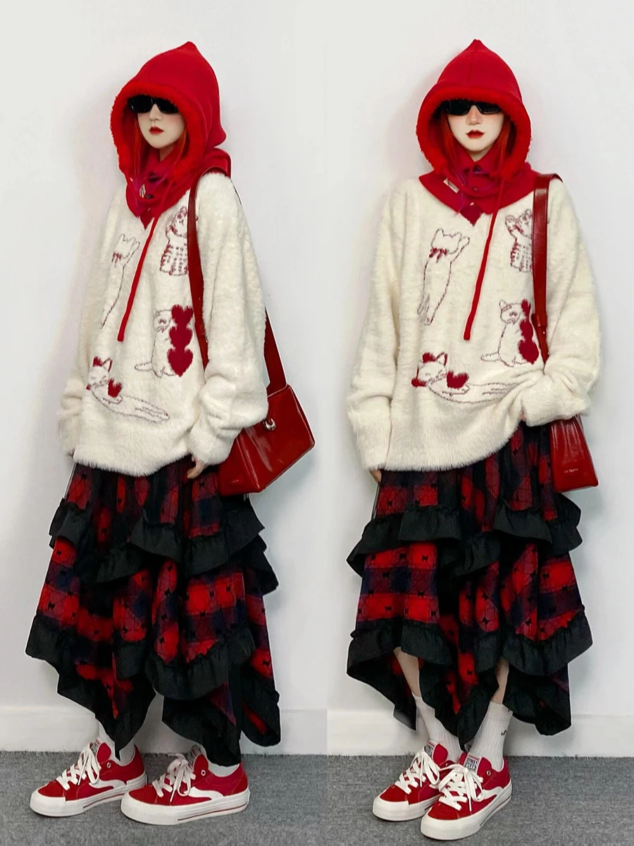 RORORIRI Retro Red Plaid Flocked Bow Long Skirt Women Elastic