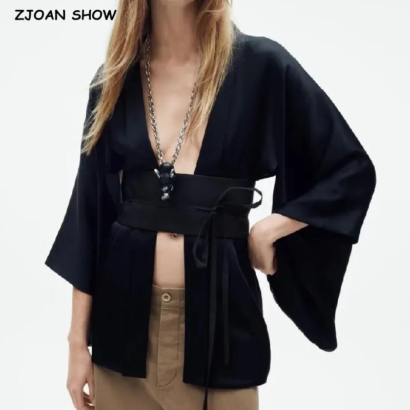 

2023 BOHO Women Black Kimono Shirt Holiday Beach Slit Armhole Full Sleeve Tie Bow Sashes Cardigan Blouse Tops
