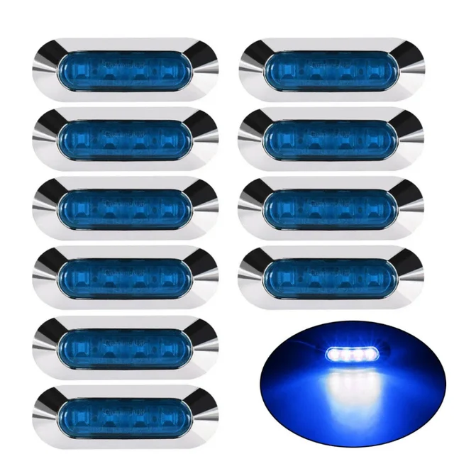 Fuleem 10PCS Blue 4 LED Light Clearance Side Marker Truck Trailer Lamp Chrome Cover Bezel 12V 24V Waterproof