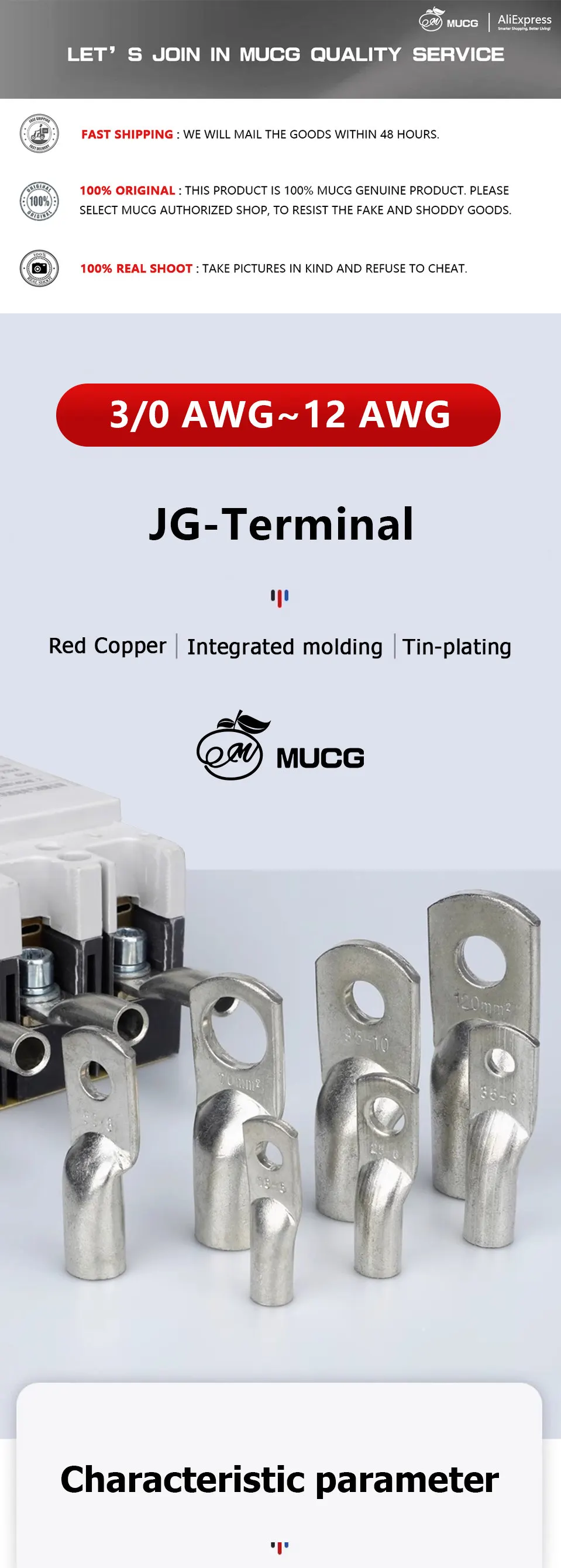 Description Picture 4 of itemJG Copper Terminal Crimp Terminal Ring Lug Tin plated Terminal For Connection Electric cable Power M6 M8 M10 M12 Solid Connector