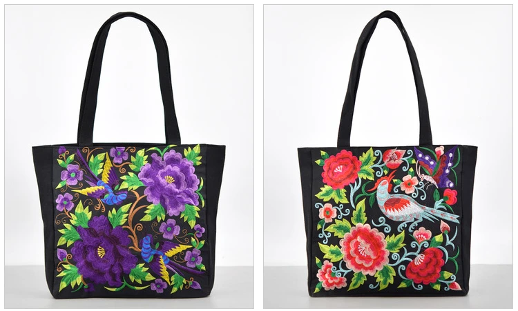 Ethnic Style Flower Embroidery Canvas Tote Shoulder Bag Large Capacity Handbag For Women - Image 7