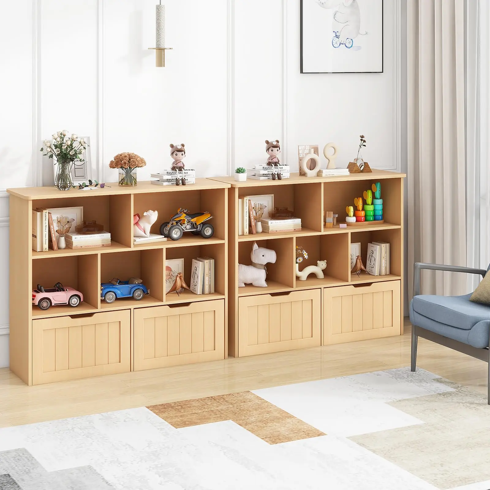 Vabches Kids Bookshelf Toy Storage Organizer Wooden Children's Bookcase with 2 Drawers on Wheels&5 Storage Cubbies for Playroom 4