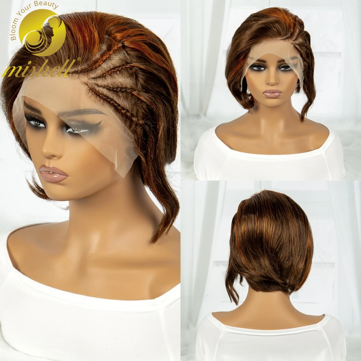 

4-350 Color Pixie Cut Wig with Braids Straight Human Hair Wig 13X4 Transparent Full Lace Frontal Wig for Women Cheap Remy Hair