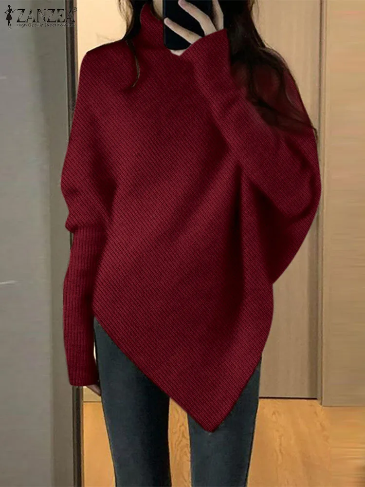 

ZANZEA 2023 зимний однотонный Асимметричный свитшот, Модный пуловер с высоким воротником, Женские повседневные свободные топы большого размера, туника