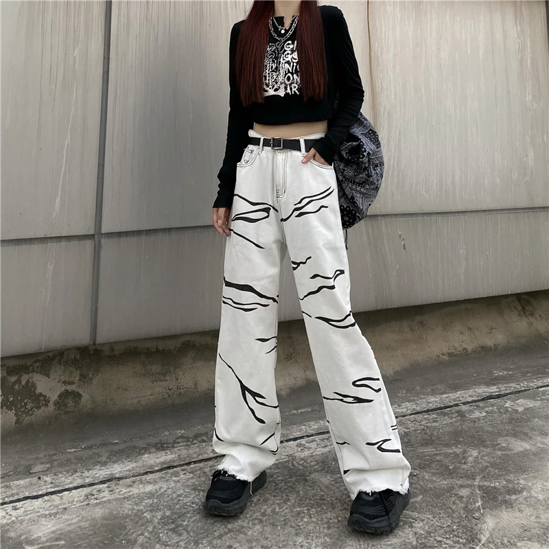 Streetwear White Women's Low Rise Jeans Y2K Korean Fashion Oversize Print Baggy Wide Leg Jeans 2022 Autumn Trousers Female Jeans spring women s slim fit jeans vintage micro flared pants wash whitening make old trousers mid rise jeans plus size pants