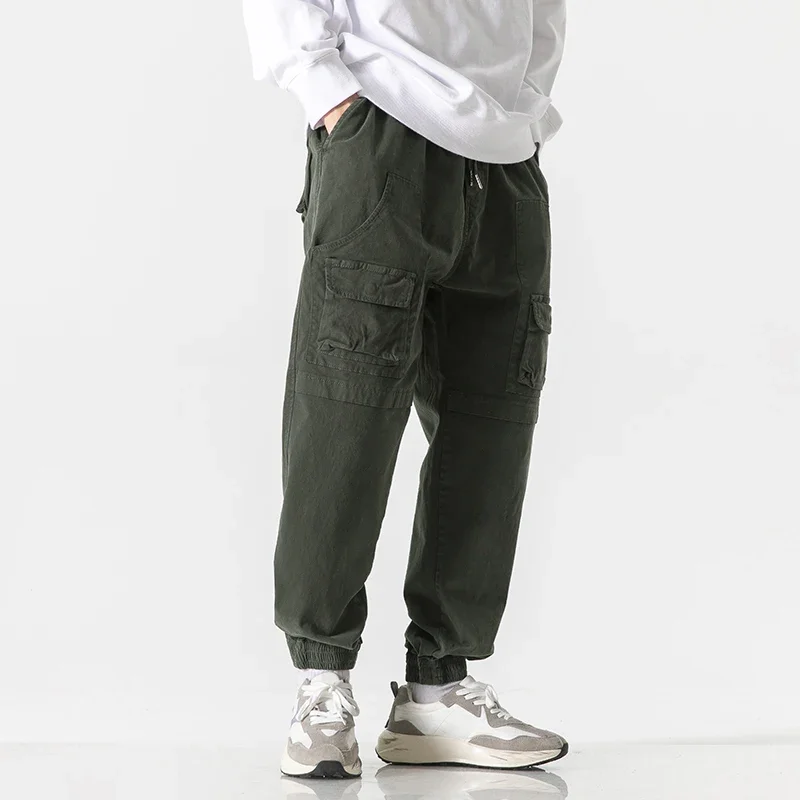 

Men's cotton solid color loose fitting sports casual pants brand men's fashion multi pocket bound hip-hop street pants