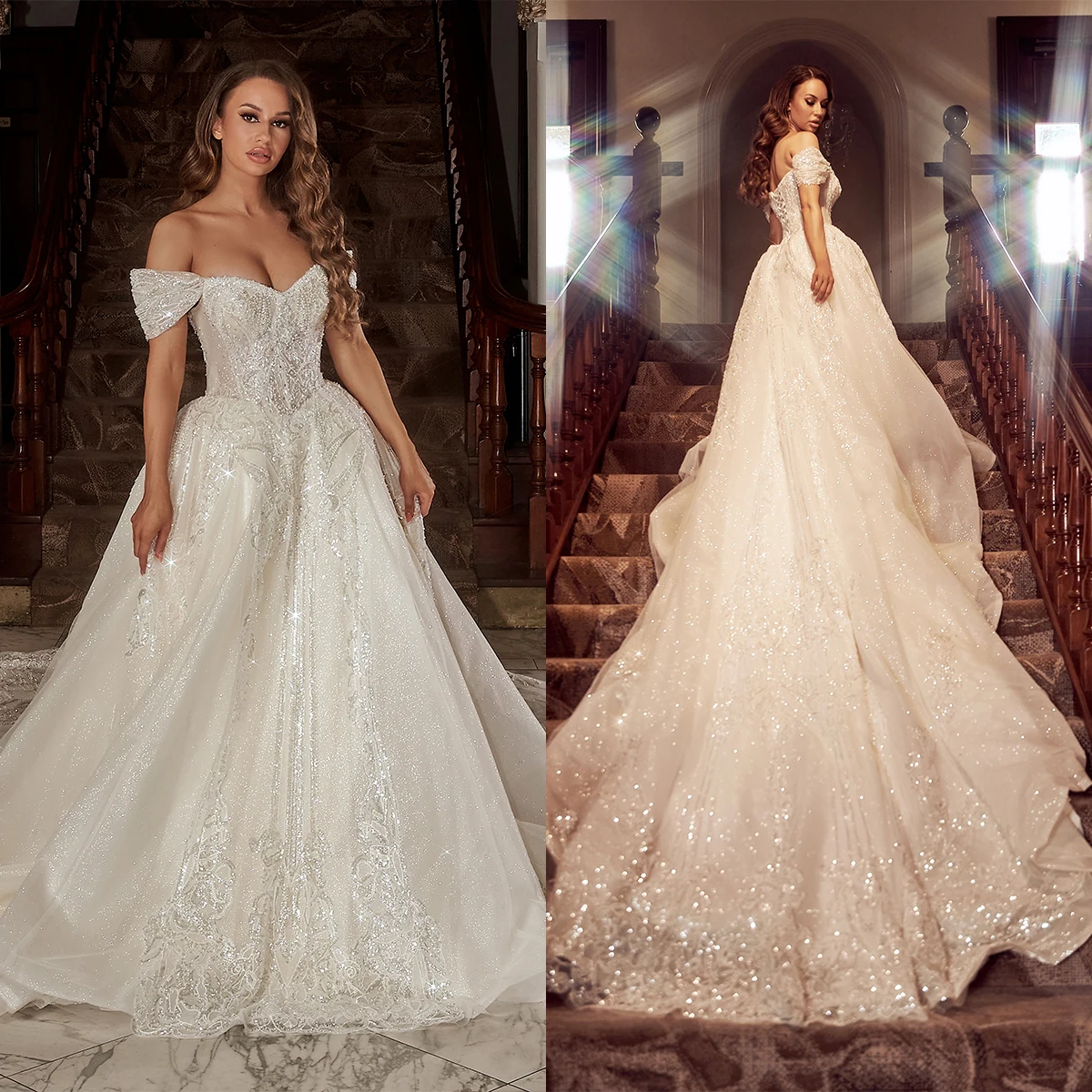 

Elegant Wedding Dress Off Shoulder Applique Sequins Shiny Custom Made Bridal Gowns Lace Up Vestido De Novia