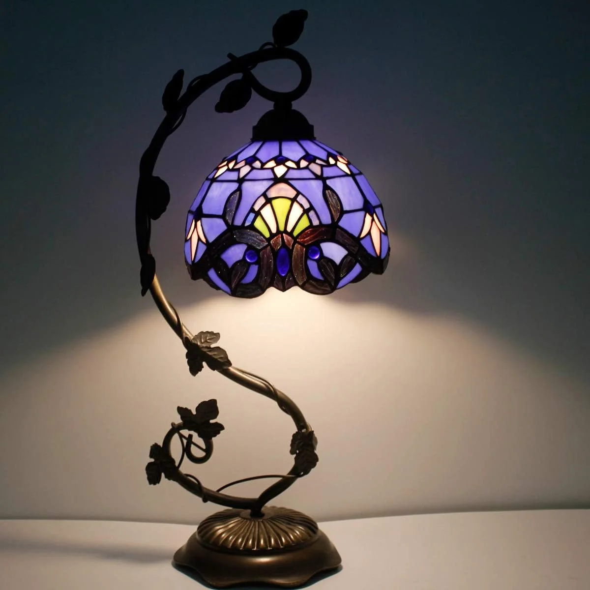 

WERFACTORY Tiffany Table Lamp Blue Purple Stained Glass Baroque Style Reading Desk Light, Metal Leaf Base 8X11X21 Inches