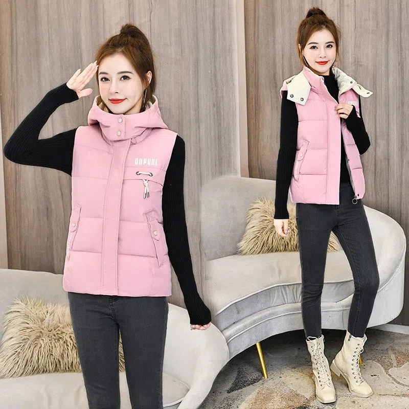 

2022 Autumn Winter Fashion Women's Short Thick Vest Hooded Sleeveless Coat New Splicing Jacket Down Cotton Vest Top Waistcoat