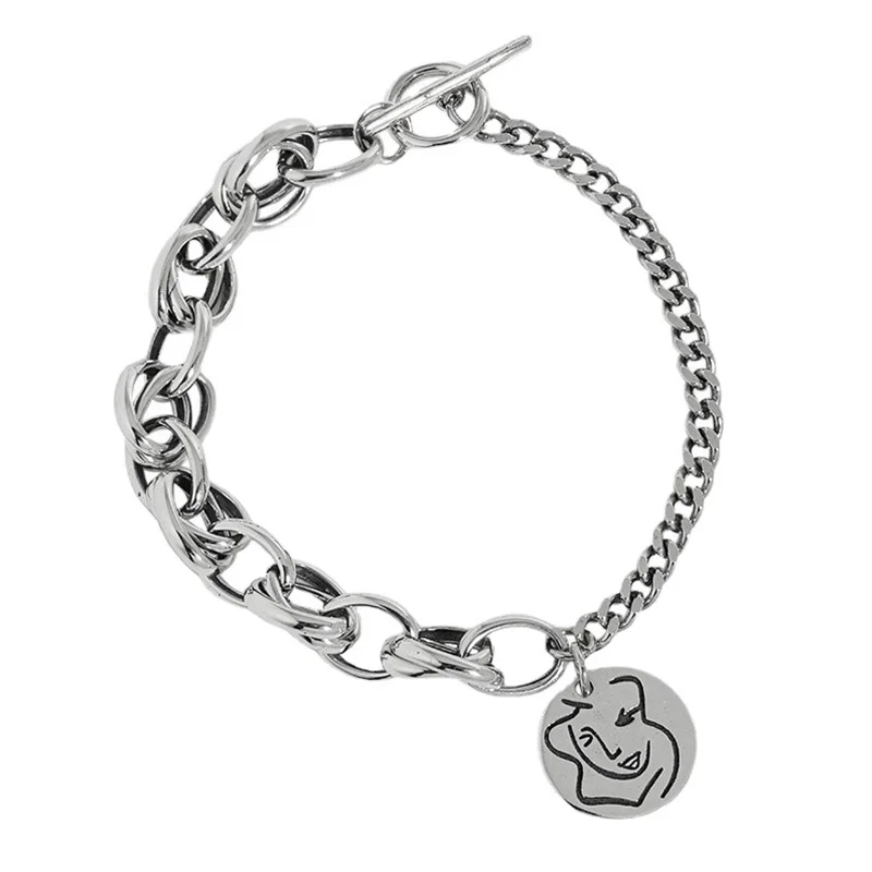 

S925 Korean version of INS niche design retro do old texture look like a round OT buckle sterling silver bracelet woman