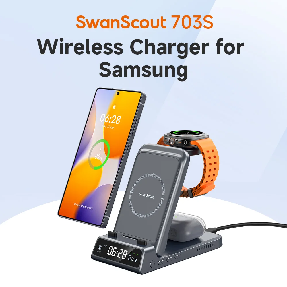 SwanScout 703S Charging Station wireless charger wireless phone charger magnetic wireless charger wireless charging station wireless charger stand For Samsung S25 S24 Ultra S23 Z Flip 7 Z Fold 7 Wireless Charger For Galaxy Watch 8 Buds 3