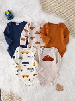 Set di 5 Body per Neonato Maschio, Tutine a Maniche Lunghe per Primavera e Autunno, Abbigliamento per Neonati in Cotone 0-9 Mesi