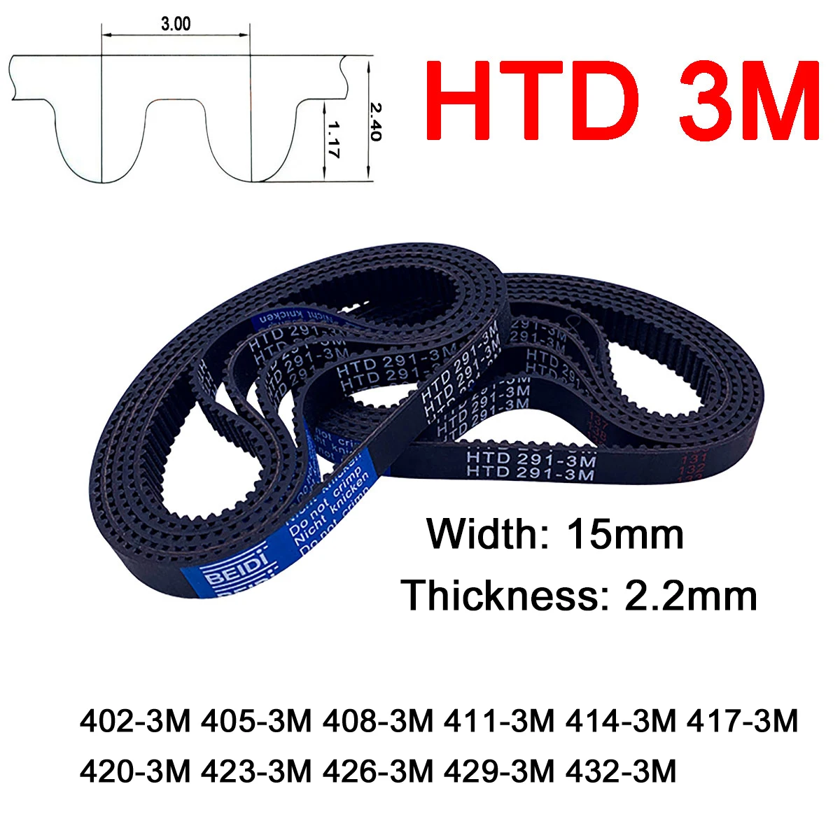 

1Pc Width 15mm 3M Rubber Arc Tooth Timing Belt Pitch Length 402 405 408 411 414 417 420 423 426 429 432mm Synchronous Belt