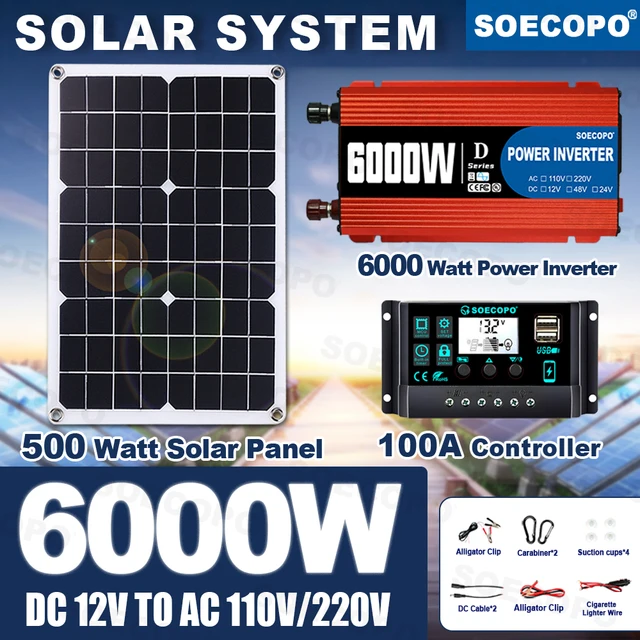 ชุดโซลาร์เซลล์ขนาดเล็ก 6000W/650W ระบบออฟกริด แผงโซลาร์เซลล์+คอนโทรลเลอร์+อินเวอร์เตอร์ 12V เป็น 110V/220V สำหรับบ้าน รถบ้าน RV มาตรฐาน CE 1