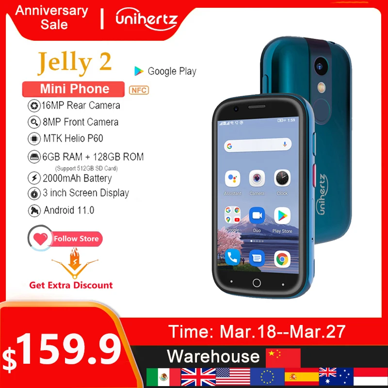 Unihertz Jelly 2 소형 스마트 폰 Helio P60 Octa Core Android 11 6GB 128GB 16MP 핸드폰, 2000mAh 배터리 듀얼 SIM 휴대폰 
