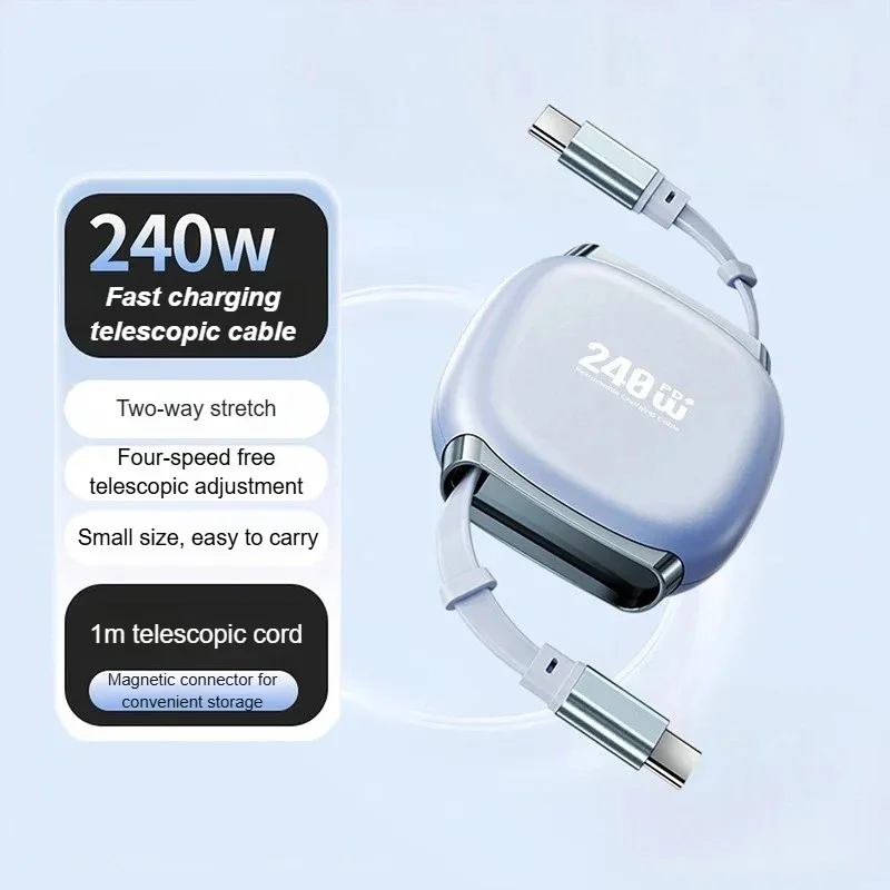 PowerFlex Retractable USB-C Fast Charging Cable - 240W Auto-Coiling Travel Essential