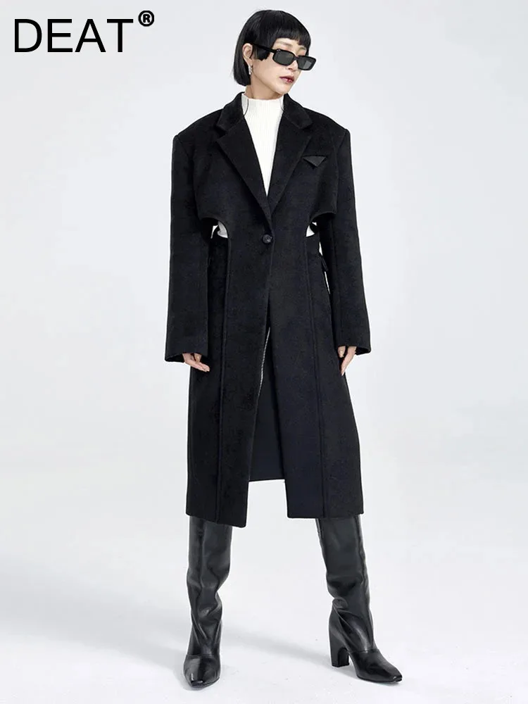 

DEAT Fashion Women's Fake 2 Pcs Woolen Coat Notched Waist Hollow Out Patchworl Black Split Overcoat Winter 2024 New Tide 1DF3357