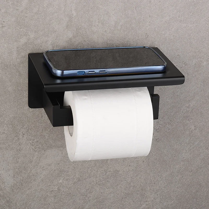 Bathroom Hardware Toilet Paper Holder With Placement Shelf Roll Paper Holder Matte Black And Brushed Gold Color