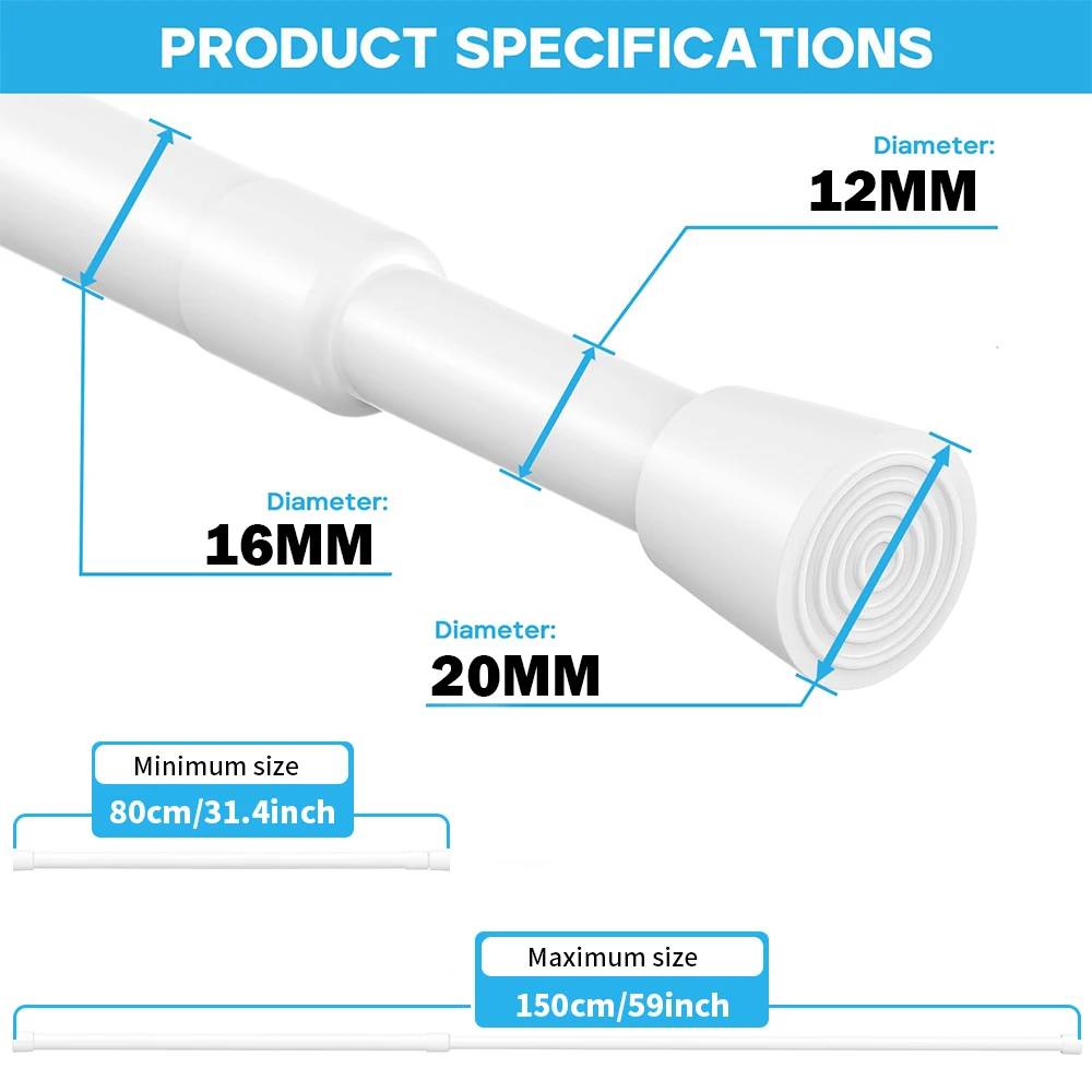 Adjustable Telescopic Spring-Loaded Curtain Rail for Windows and Bathrooms