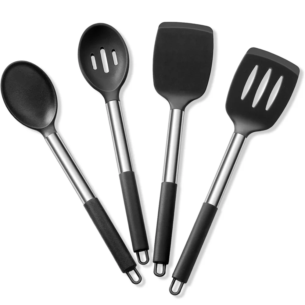 4 Pieces Silicone Spatula Kitchen Cooking Utensils Stainless Steel Tight Spatula Leaky Non-stick Cookware Kitchen Tools