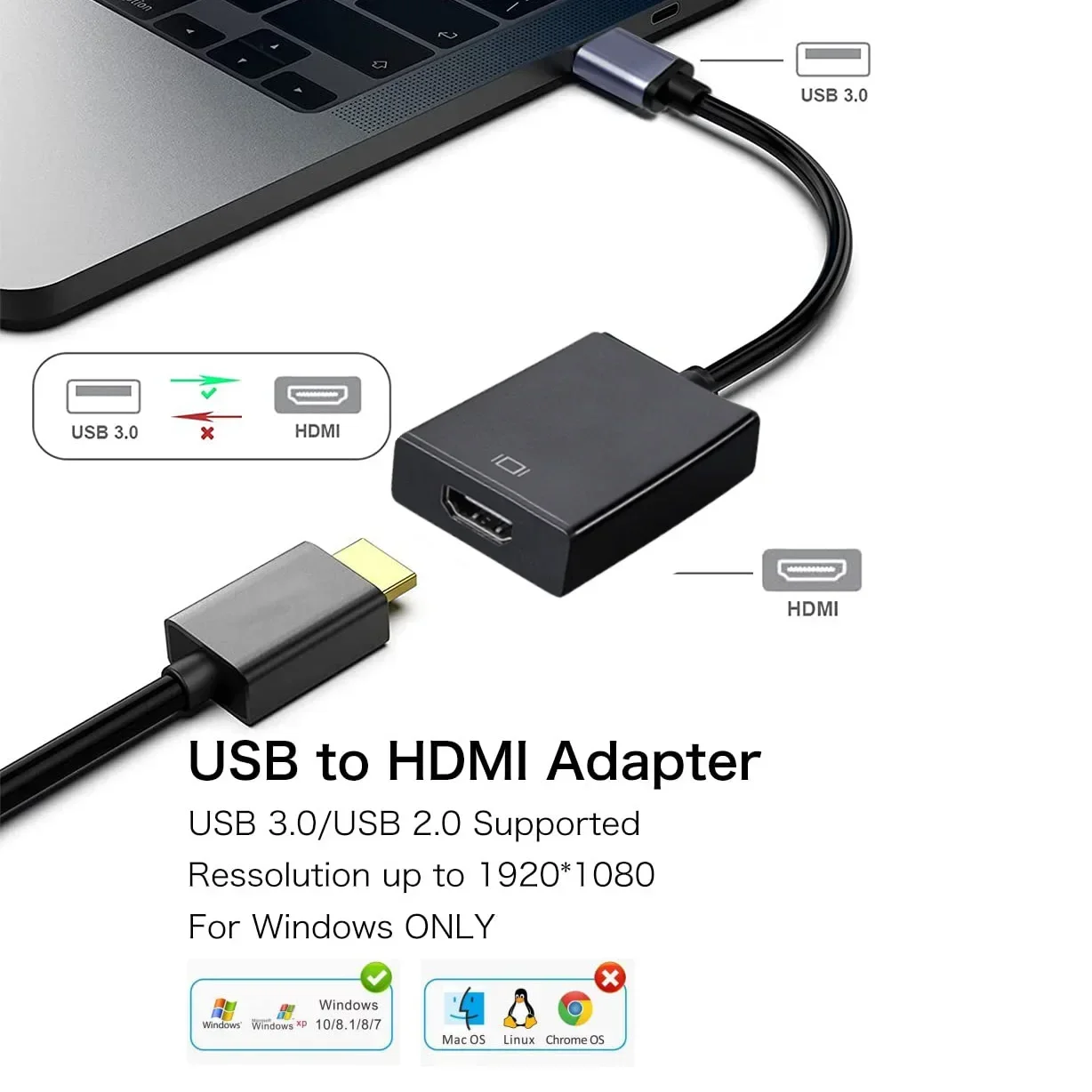 USB to HDMI Adapter HD 1080P USB 3.0 to HDMI-Compatible Converter External Adapter Video Cable PC Desktop Laptop usb hub adapter usb adapter hdmi cable adapter usb adapter cable conversion cable adapter usb cable adapter