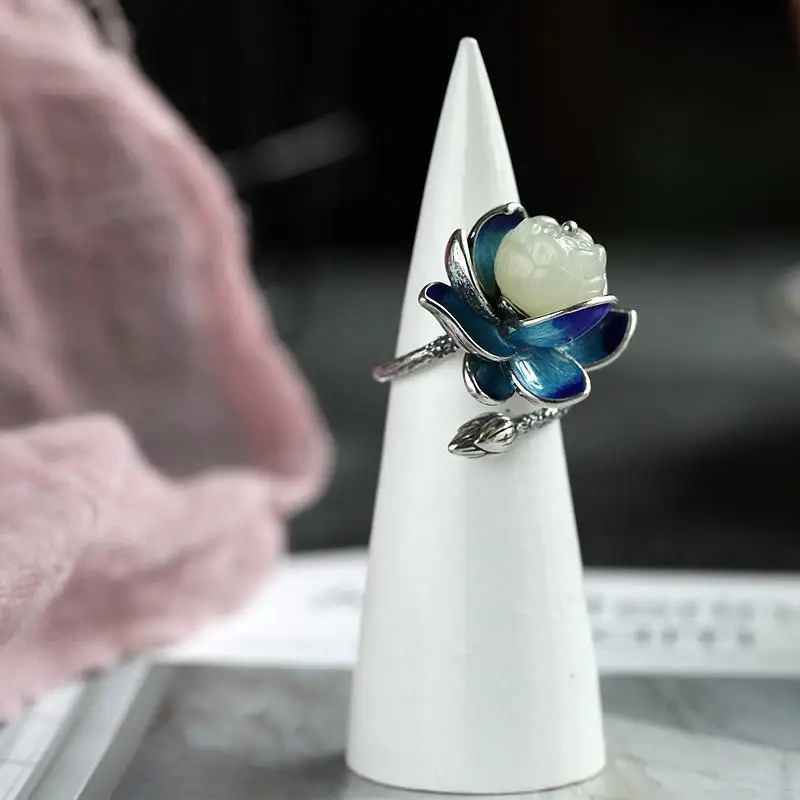 Silver Ring Natural Hetian jade Enamel Porcelain Lotus Canopy Open Ring Chinese Retro Design Jewelry