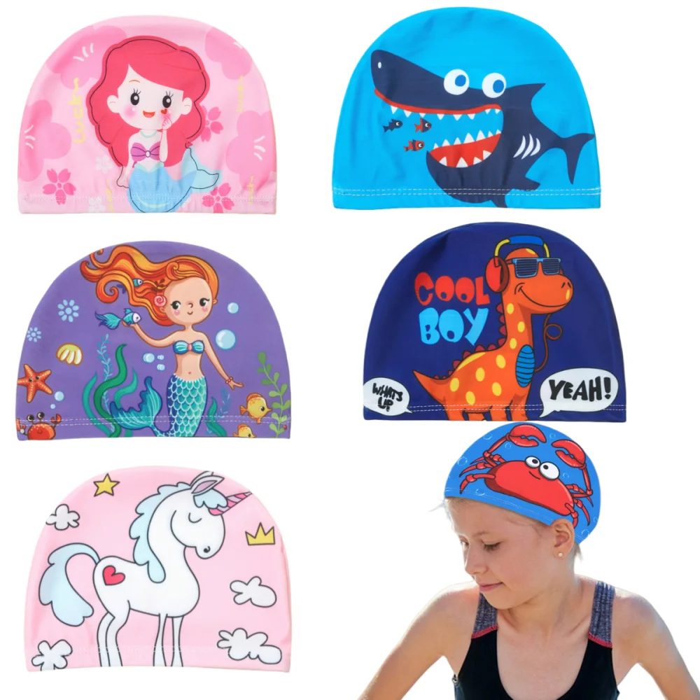 Badekappe für Kinder, elastisch, niedlicher Cartoon für langes Haar, schöne Kinder, schützen Ohren, Schwimmbadmütze für Jungen und Mädchen, Schwimmausrüstung